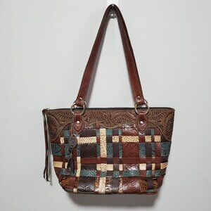 AMERICAN WEST Tooled Leather Woven Shoulder Tote Bag Purse Weave Western Boho